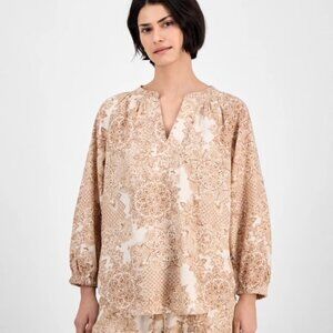 Nautica Jeans Women’s Boho Tile-Print Linen Blend Blouse Size Large